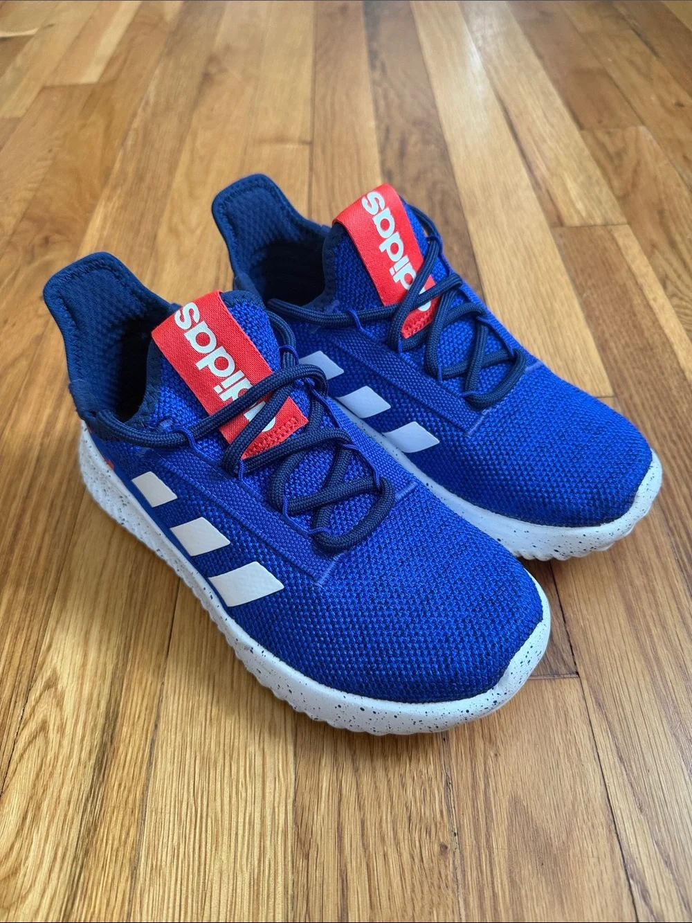 adidas Kids Royal Blue Sneakers with White Stripes and Red Tongue Tab